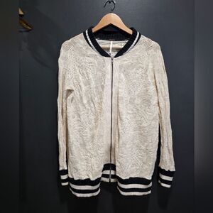 Free People Ivory Black Full Zip Crochet Women's Sweater Jacket Size S Blogger